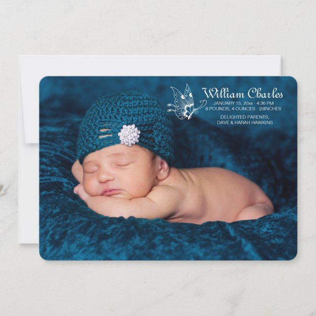 White Butterfly Photo Birth Announcement (Front)