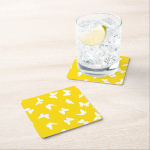 White Butterfly Yellow Background Aesthetic Square Paper Coaster