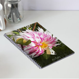 White Cabbage Butterfly on Pink Dahlia Floral Notebook