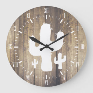 White Cactus & Faux Wood Large Clock