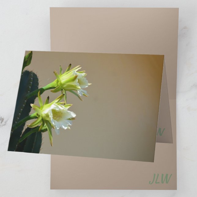 White Cactus Flowers Floral Taupe Blank Note Card (Creator Uploaded)