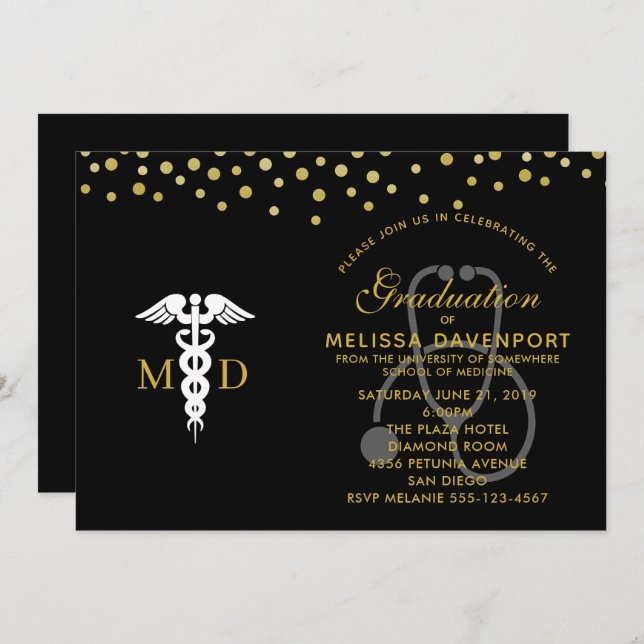 White Caduceus and Stethoscope Doctor Graduate Invitation (Front/Back)