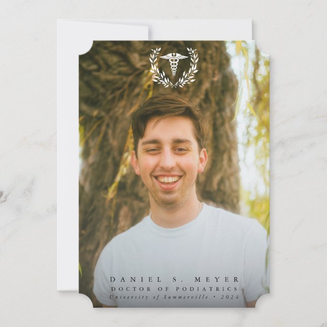 White Caduceus Medical School 2 Photo Graduation Announcement (Front)