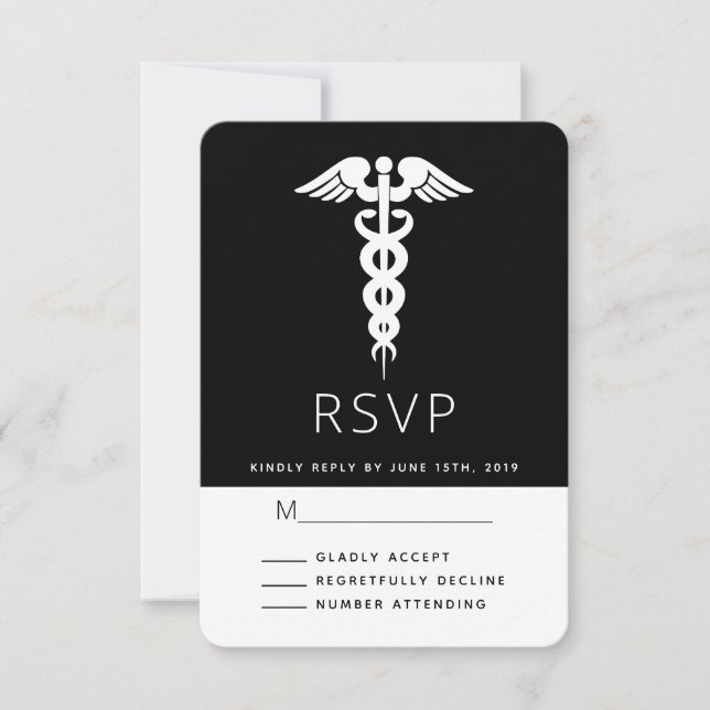 White Caduceus Medical Symbol Graduation RSVP Card (Front)