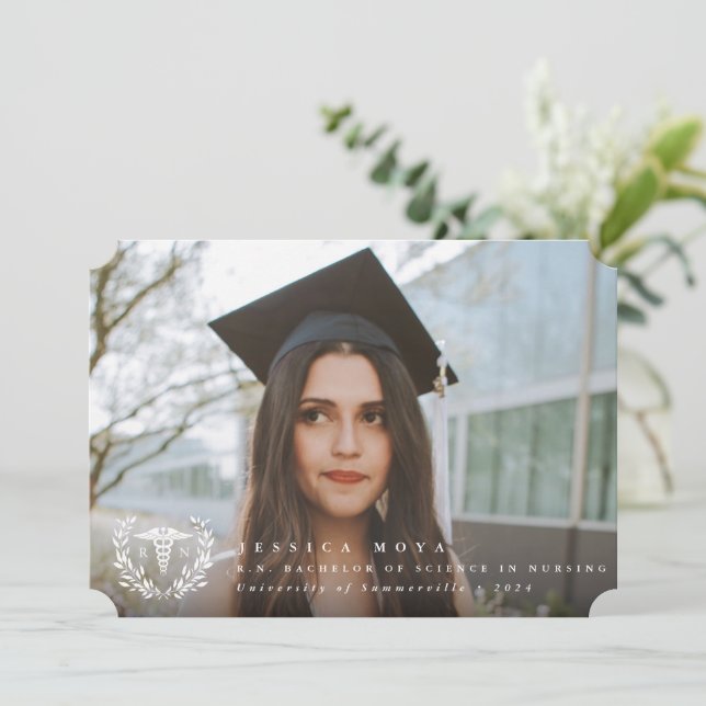 White Caduceus RN Registered Nurse Graduation Announcement (Standing Front)