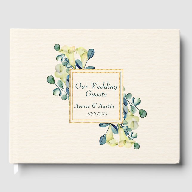 White Cala Lilies and Eucalyptus Wedding Guest Book (Front)