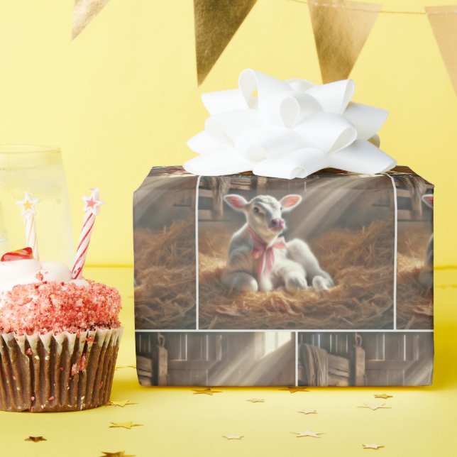 White Calf With Pink Bow In Barn Wrapping Paper (Birthday Party)