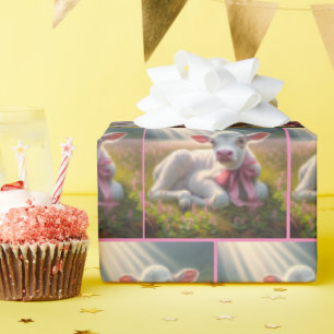 White Calf With Pink Bow in Pasture Wrapping Paper