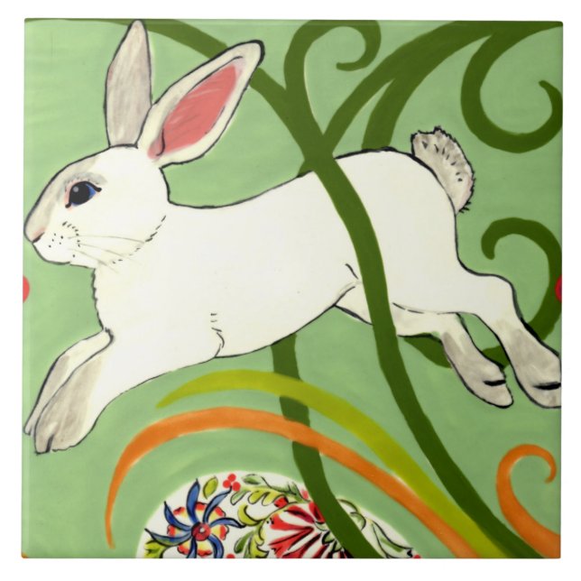 White California Rabbit Green Art Deco Design Tile (Front)