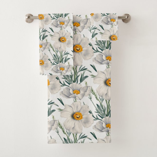White California Tree Poppy Flowers Pattern Bath Towel Set (Insitu)