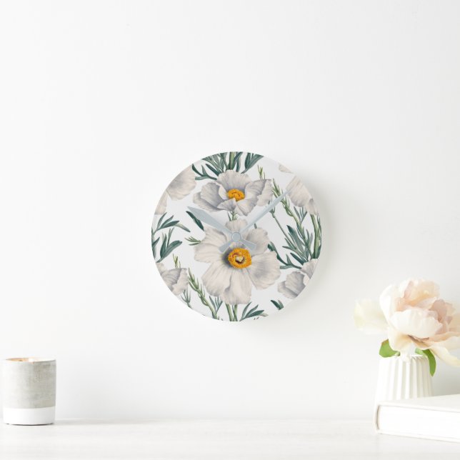 White California Tree Poppy Flowers Pattern Round Clock (Home)