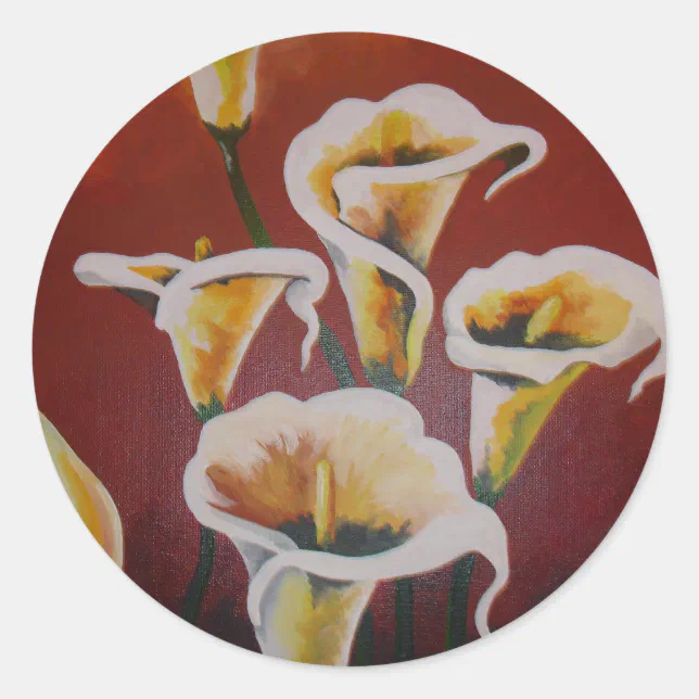 White Calla Lilies Artistic Cut Flowers On Brown Classic Round Sticker ...