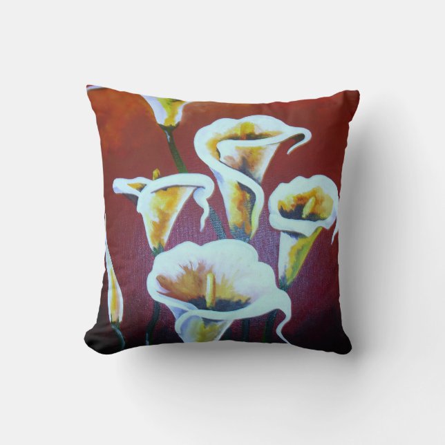  White Calla Lilies Artistic Cut Flowers On Brown Cushion (Front)