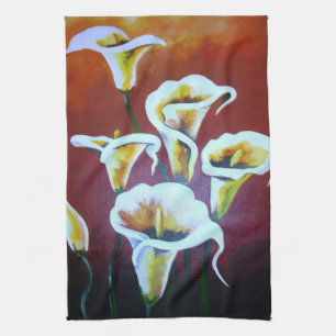 White Calla Lilies Artistic Cut Flowers On Brown Tea Towel