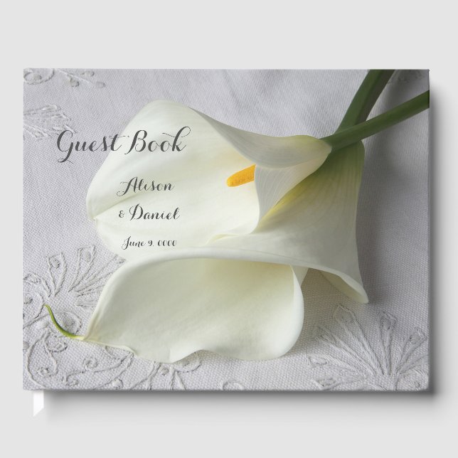 White calla lilies on linen   guest book (Front)