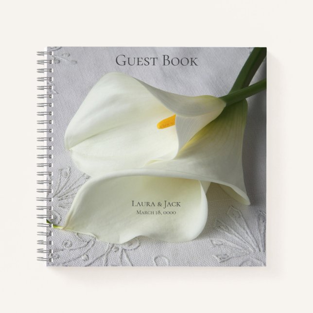 White calla lilies on linen notebook (Front)