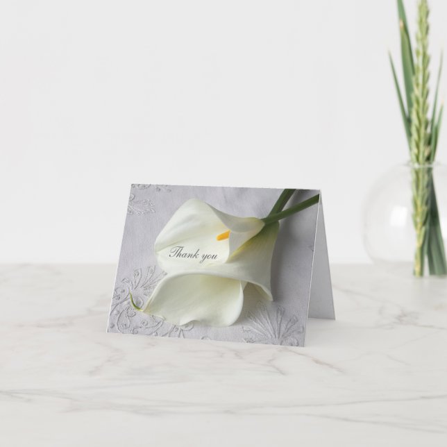 White calla lilies on linen thank you card (Front)