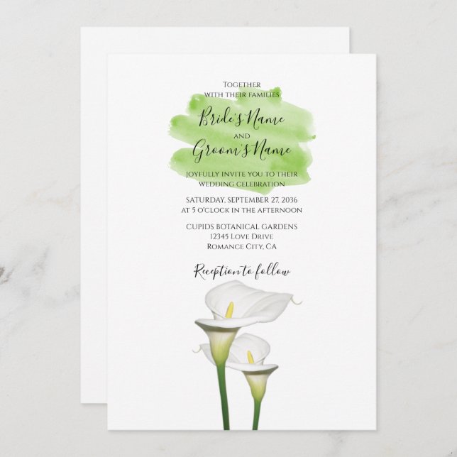 White Calla Lilies Watercolor Wedding Invitations (Front/Back)
