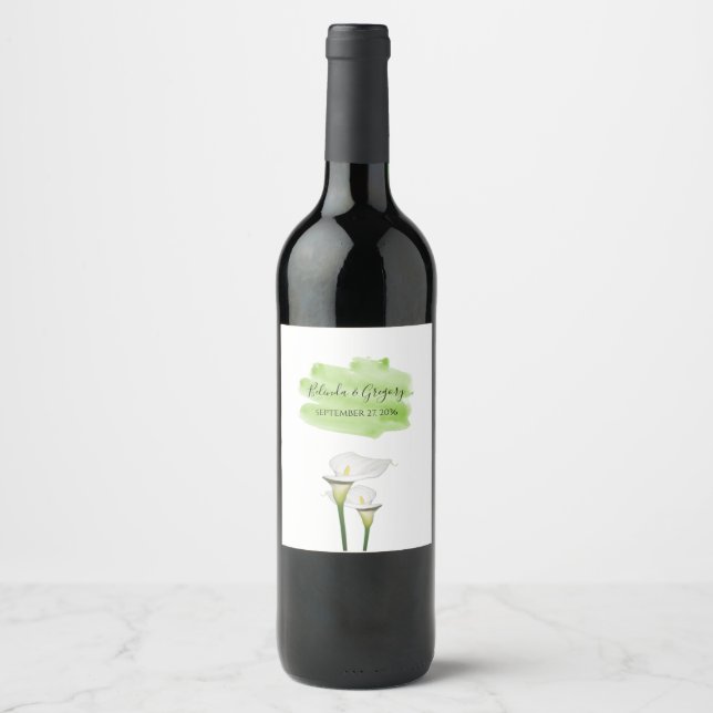 White Calla Lilies Watercolor Wedding Wine Label (Front)