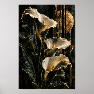 White Calla Lilies with Gold Circle Botanical Wall Poster