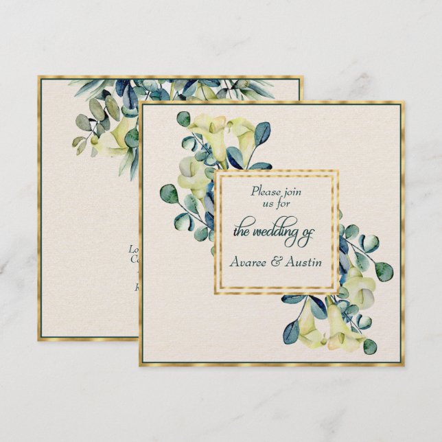 White Calla Lily and Eucalyptus Ivory and Gold Invitation (Front/Back)