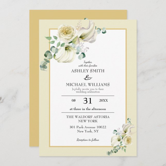 White Calla Lily and Greenery Eucalyptus Wedding Invitation (Front/Back)