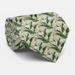 White Calla Lily Embroidery Floral Pattern Tie