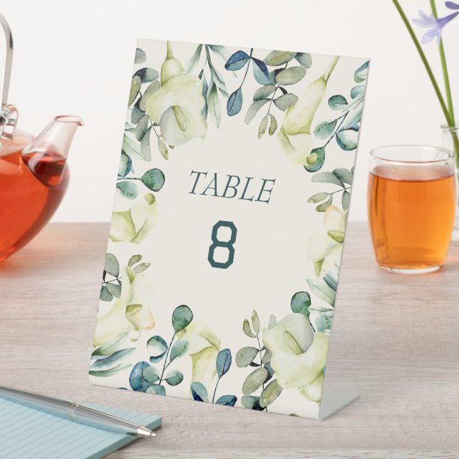 White Calla Lily Eucalyptus Table Number Card Pedestal Sign (In SItu)