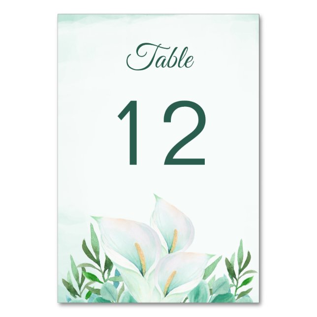 White Calla Lily Floral Table Number Cards (Front)