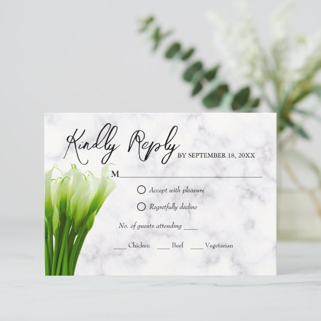 White Calla Lily Florals Wedding RSVP Card (Standing Front)
