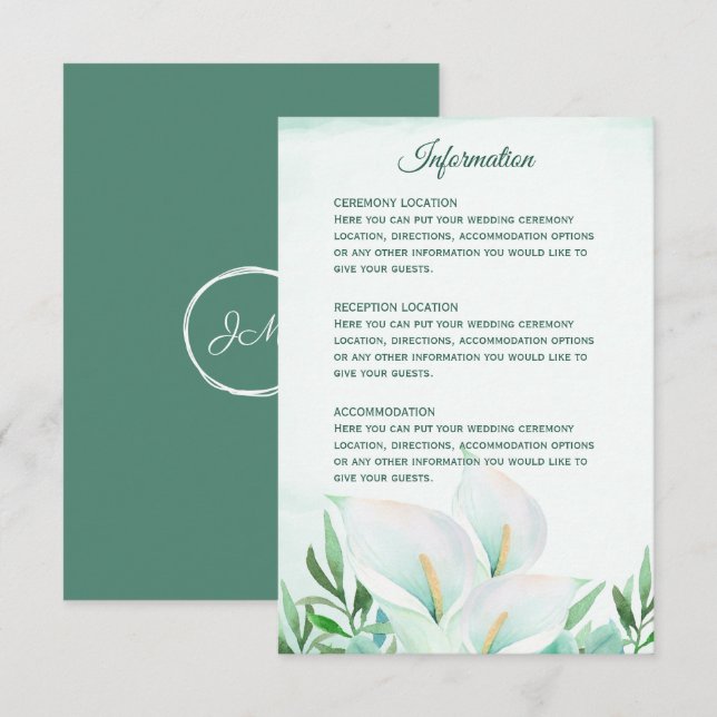 White Calla Lily Monogram Wedding Reception Cards (Front/Back)
