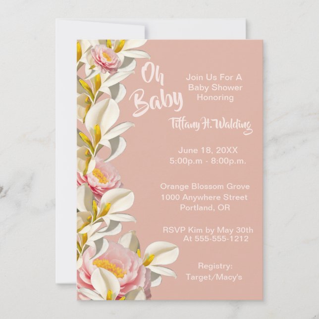 White Calla Lily & Peony Oh Baby Girl Baby Shower Invitation (Front)