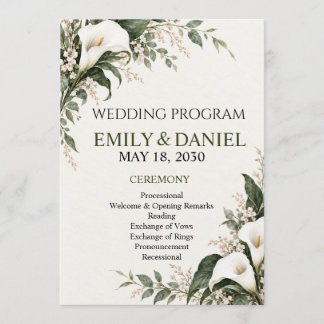 White Calla Lily Watercolor Botanical Wedding Program