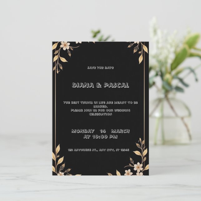 White calligraphy and floral wedding invitation (Standing Front)