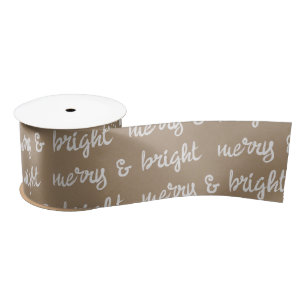White Calligraphy Merry & Bright Christmas Kraft Satin Ribbon
