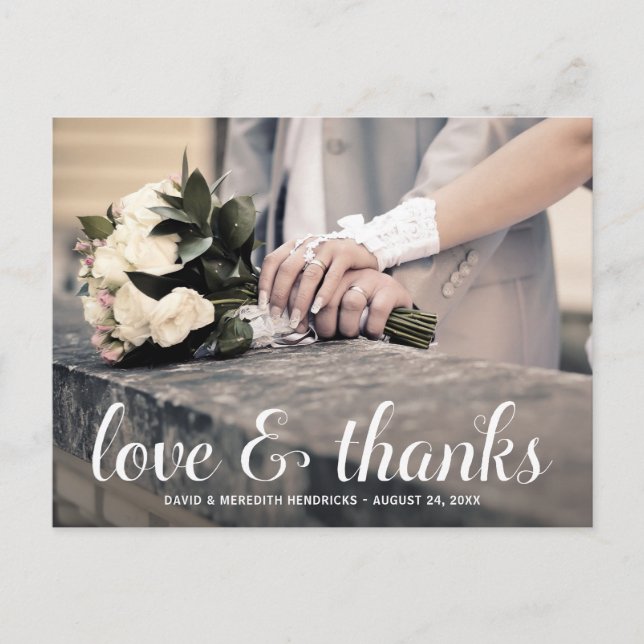 White Calligraphy Overlay Wedding Thank You Postcard (Front)