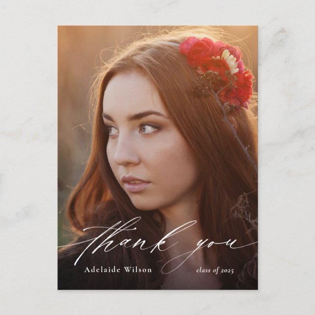 White Calligraphy Photo Graduation Thank You Postcard (Front)