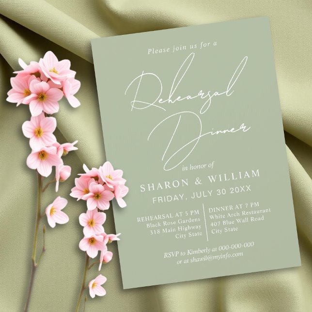 White calligraphy sage green Rehearsal Dinner Invitation (Creator Uploaded)