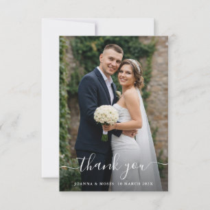 White Calligraphy Script Modern Photo Wedding Thank You Card
