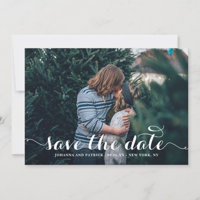 White Calligraphy Script Photo Save the Date Card (Front)