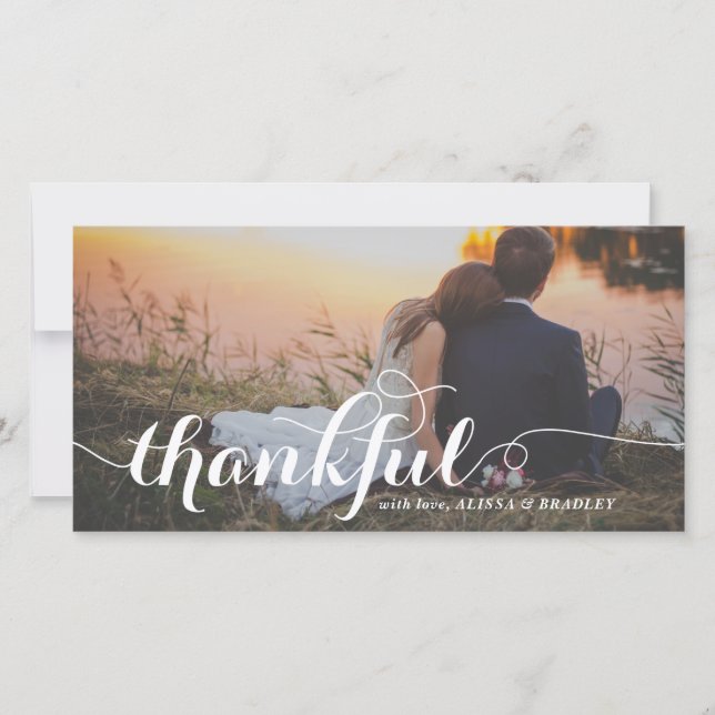White Calligraphy Script Thankful Photo Wedding Thank You Card