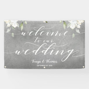 White Calligraphy Silver Floral Welcome Wedding Banner