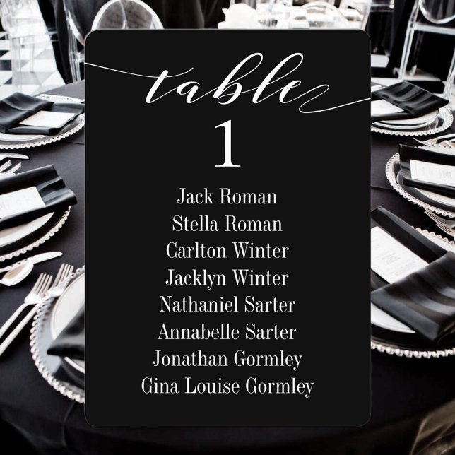 White Calligraphy Wedding Black Seating Chart Card (Creator Uploaded)