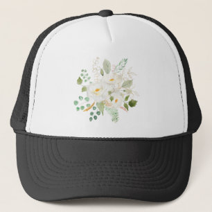 white camelia flowers arrangement trucker hat