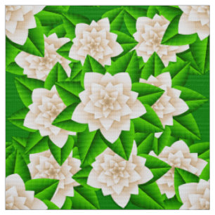 White Camellias and Green Leaves Fabric