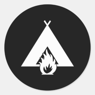 White Campfire and Tent Symbol for Dark Background Classic Round Sticker