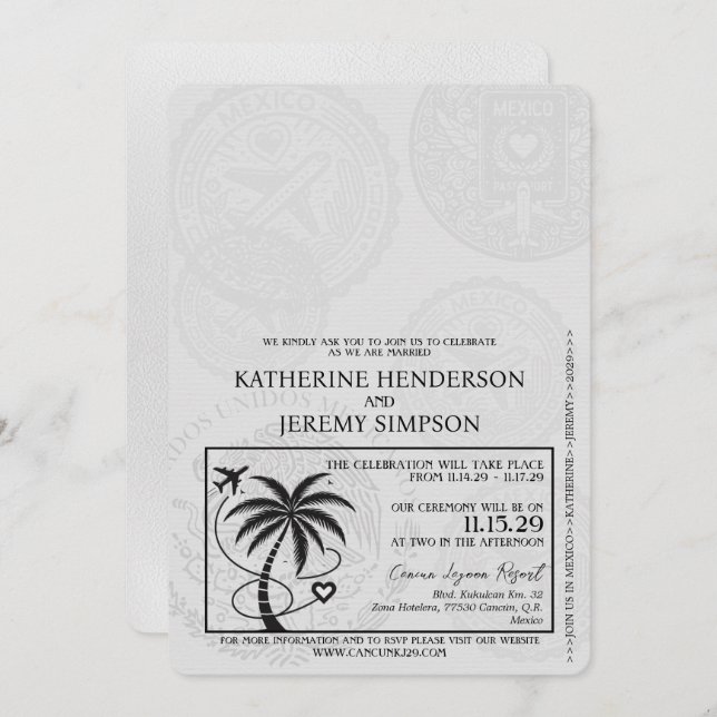 White Cancun Passport Wedding Invitation (Front/Back)