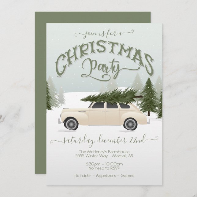 White Car Chistmas Tree Party party Invitation (Front/Back)