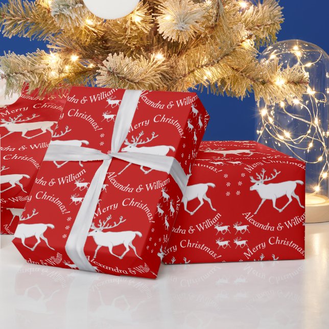 White Caribou Reindeer Christmas Custom Red Wrapping Paper (Holidays)