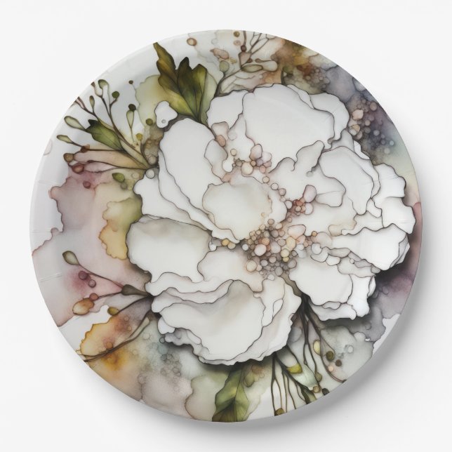 White Carnation Alcohol Ink Abstract Paper Plate (Front)